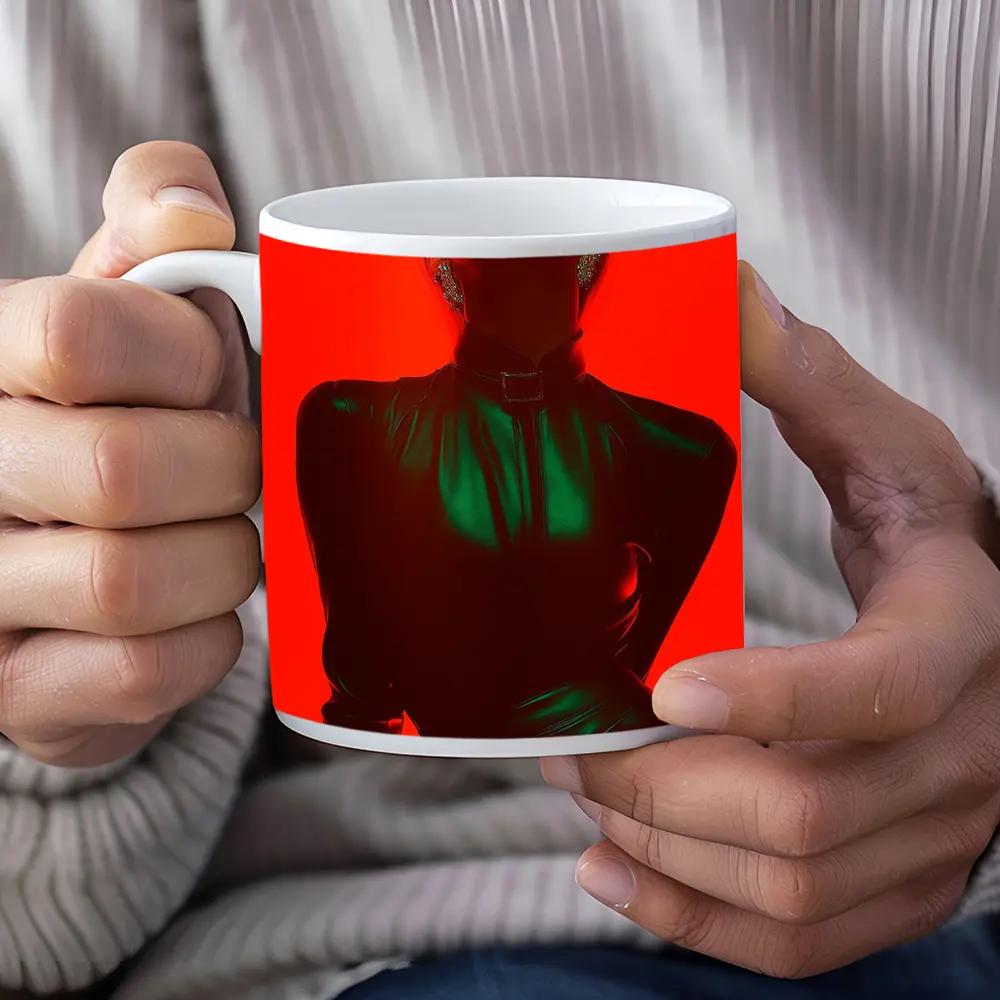 Blonde Woman Green Latex Red Background – Mugs