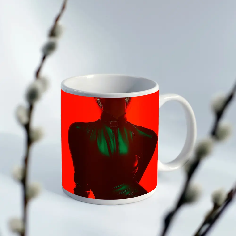 Blonde Woman Green Latex Red Background – Mugs
