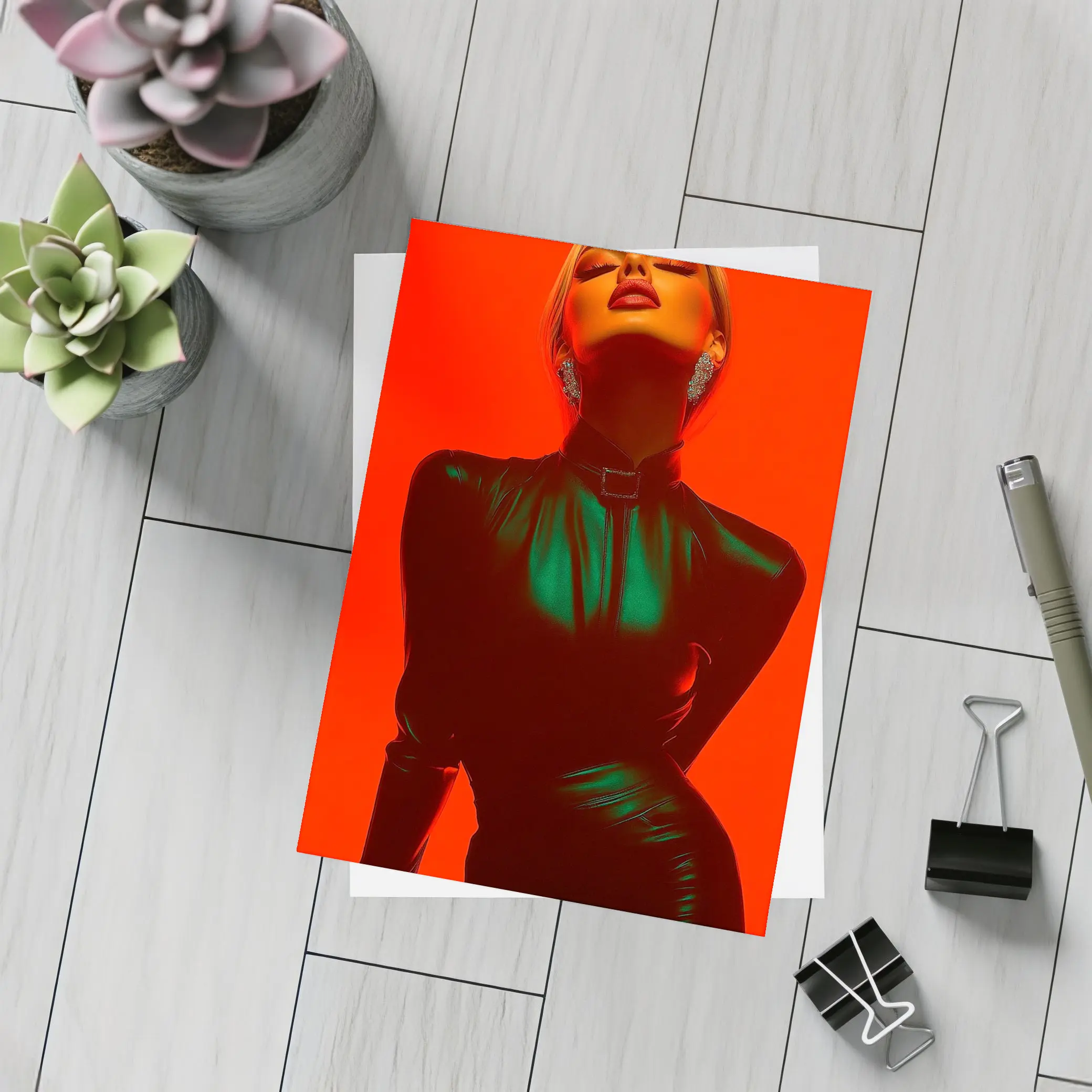 Blonde Woman Green Latex Red Background – Postcards