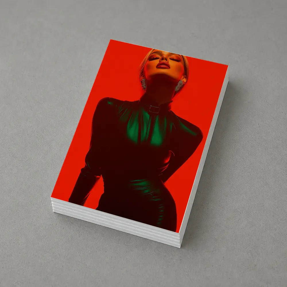 Blonde Woman Green Latex Red Background – Postcards