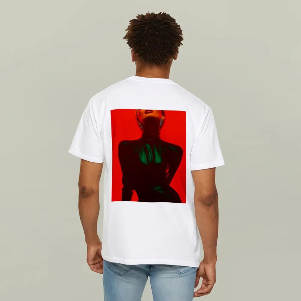 Blonde Woman Green Latex Red Background – T-Shirts