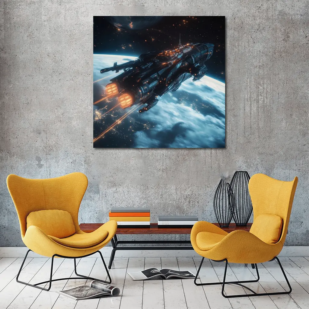 Dark Spaceship Firing Engines Above Earth – Wall Art