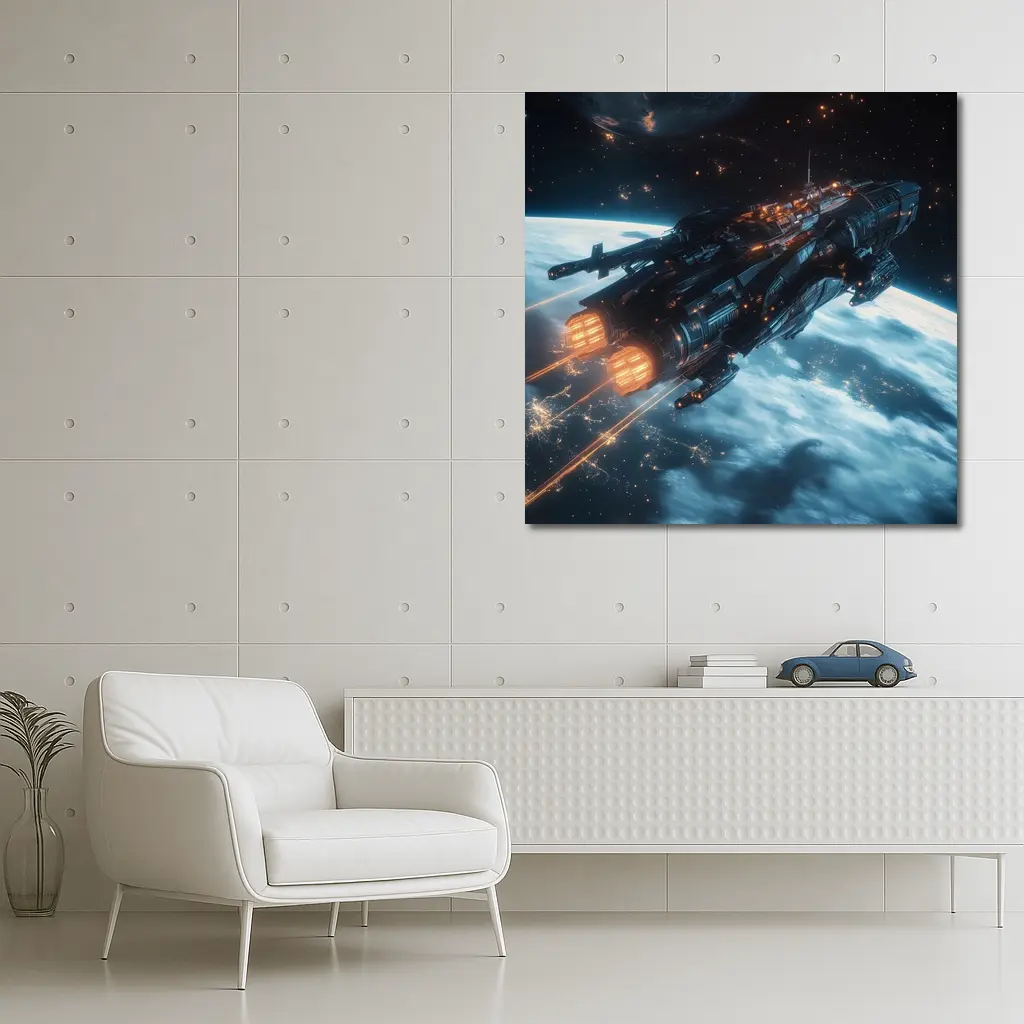 Dark Spaceship Firing Engines Above Earth – Wall Art