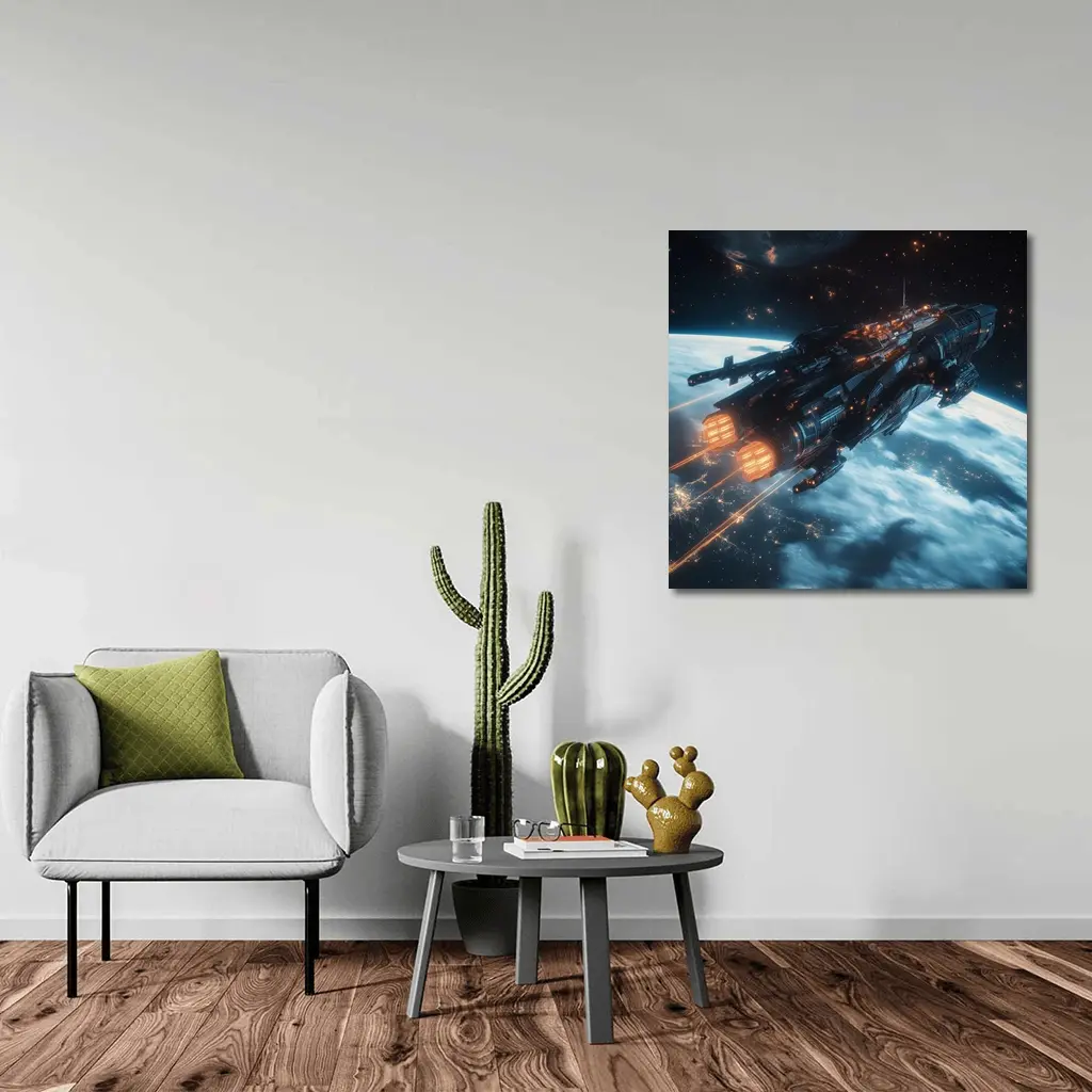 Dark Spaceship Firing Engines Above Earth – Wall Art