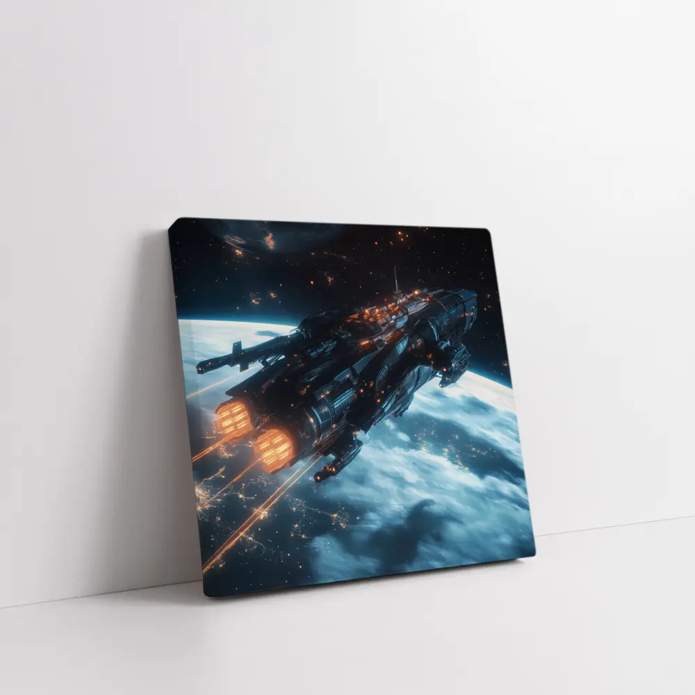 Dark Spaceship Firing Engines Above Earth – Wall Art
