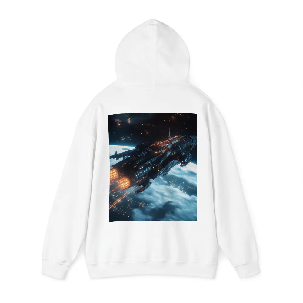 Dark Spaceship Firing Engines Above Earth – Hoodies