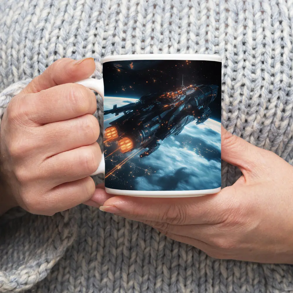 Dark Spaceship Firing Engines Above Earth – Mugs
