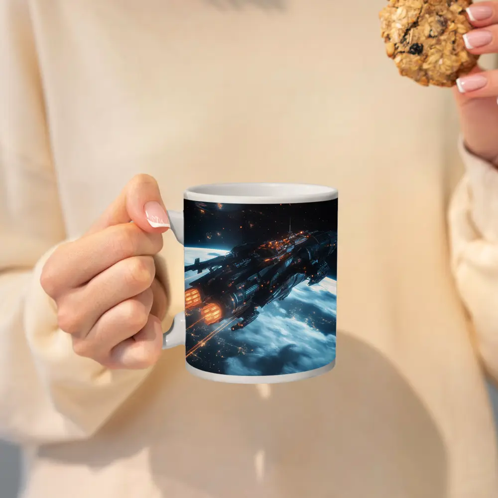 Dark Spaceship Firing Engines Above Earth – Mugs