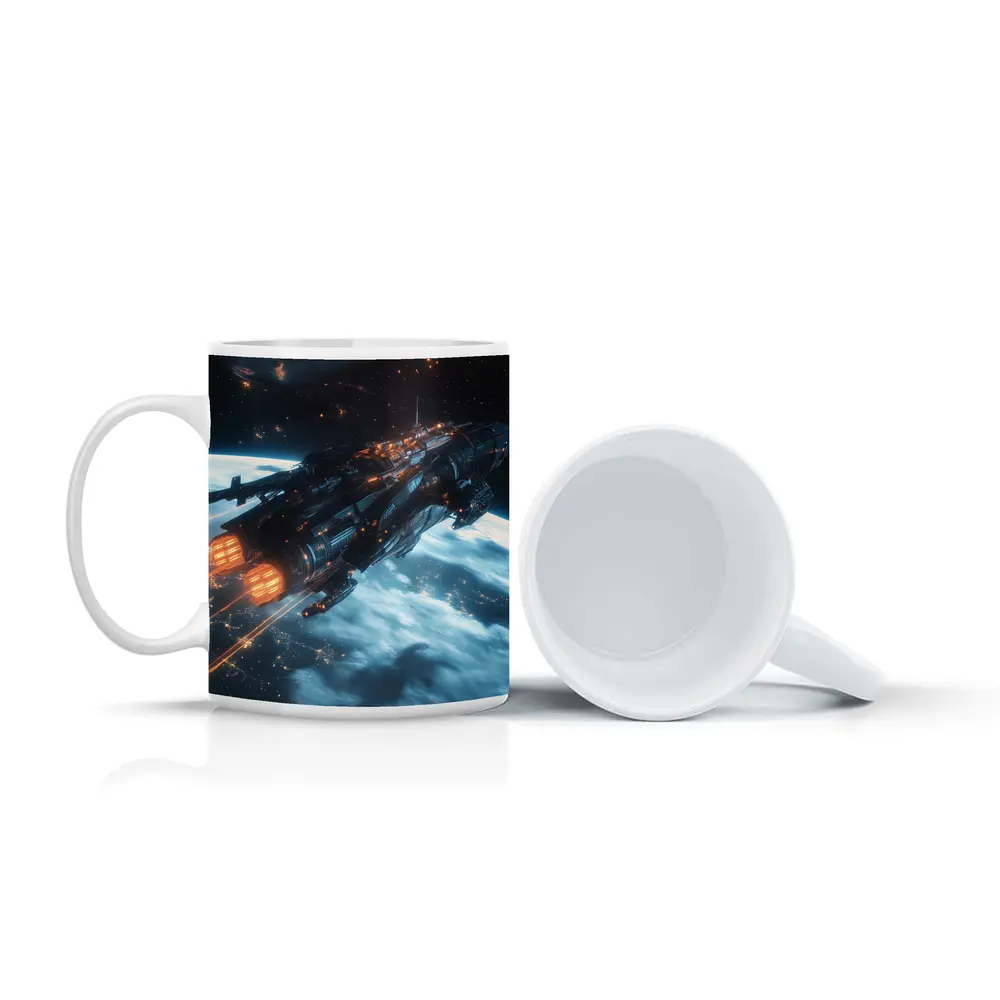 Dark Spaceship Firing Engines Above Earth – Mugs