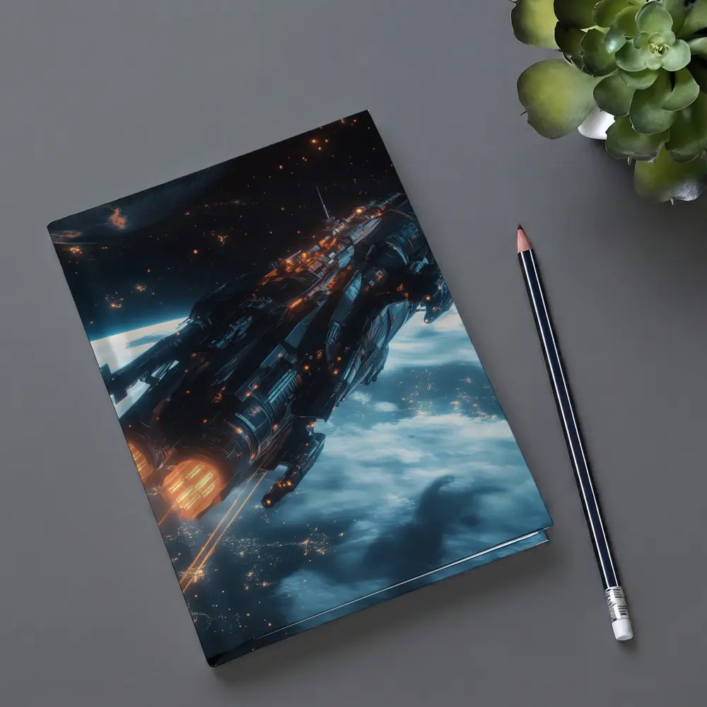 Dark Spaceship Firing Engines Above Earth – Notebooks
