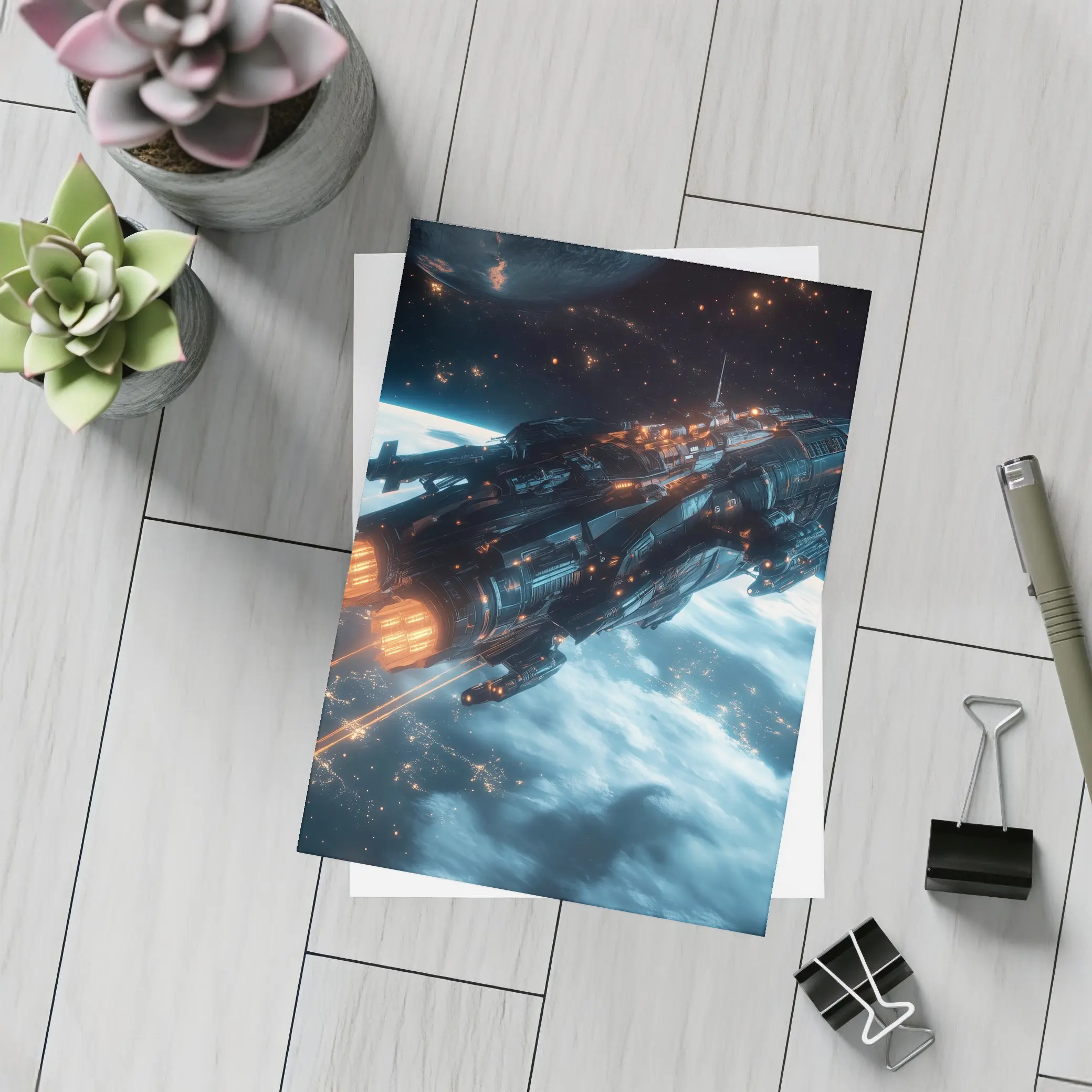 Dark Spaceship Firing Engines Above Earth – Postcards