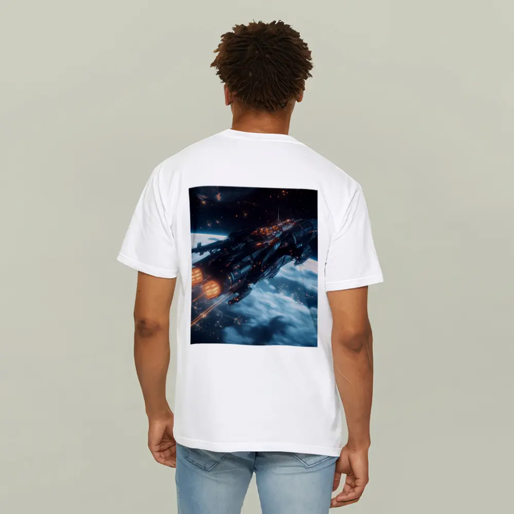 Dark Spaceship Firing Engines Above Earth – T-Shirts