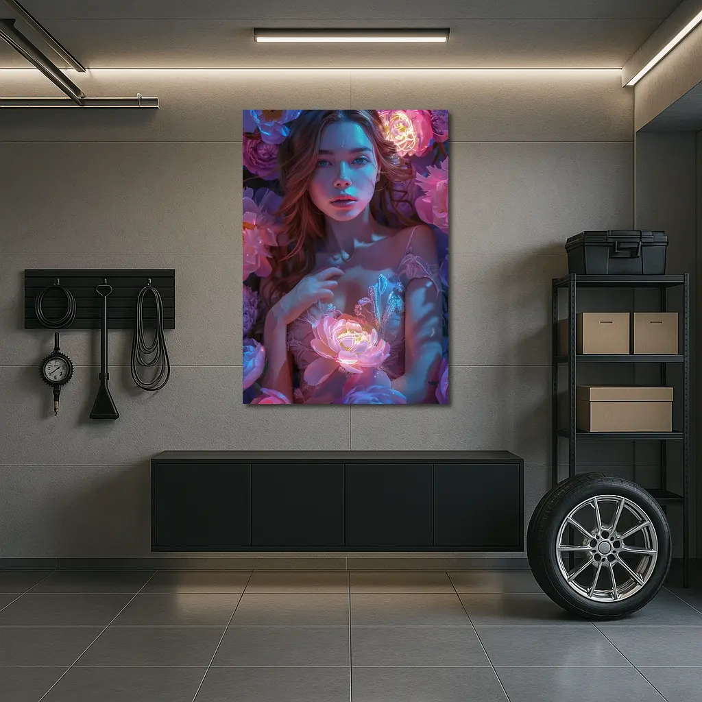 Woman With Glowing Peonies Neon Floral – Wall Art