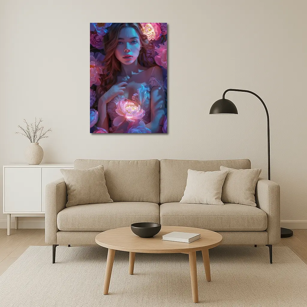 Woman With Glowing Peonies Neon Floral – Wall Art