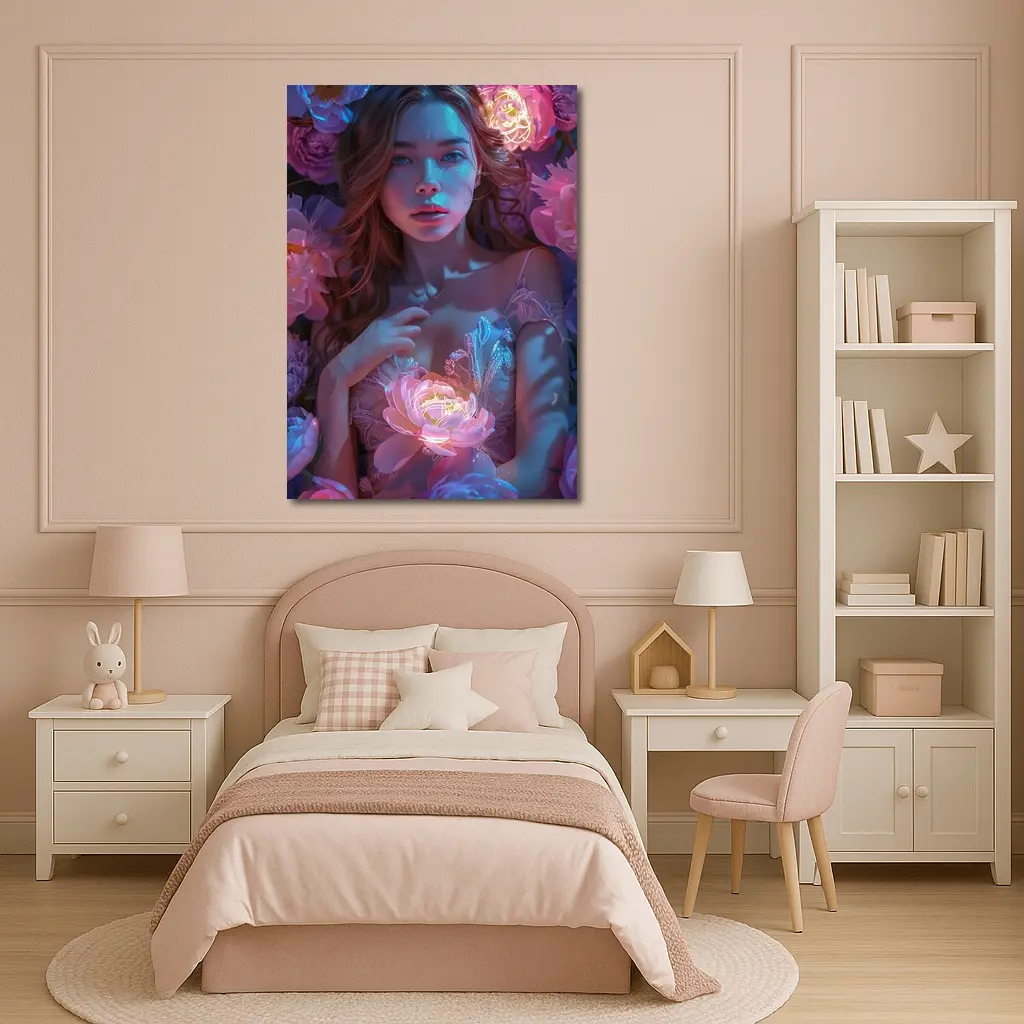 Woman With Glowing Peonies Neon Floral – Wall Art