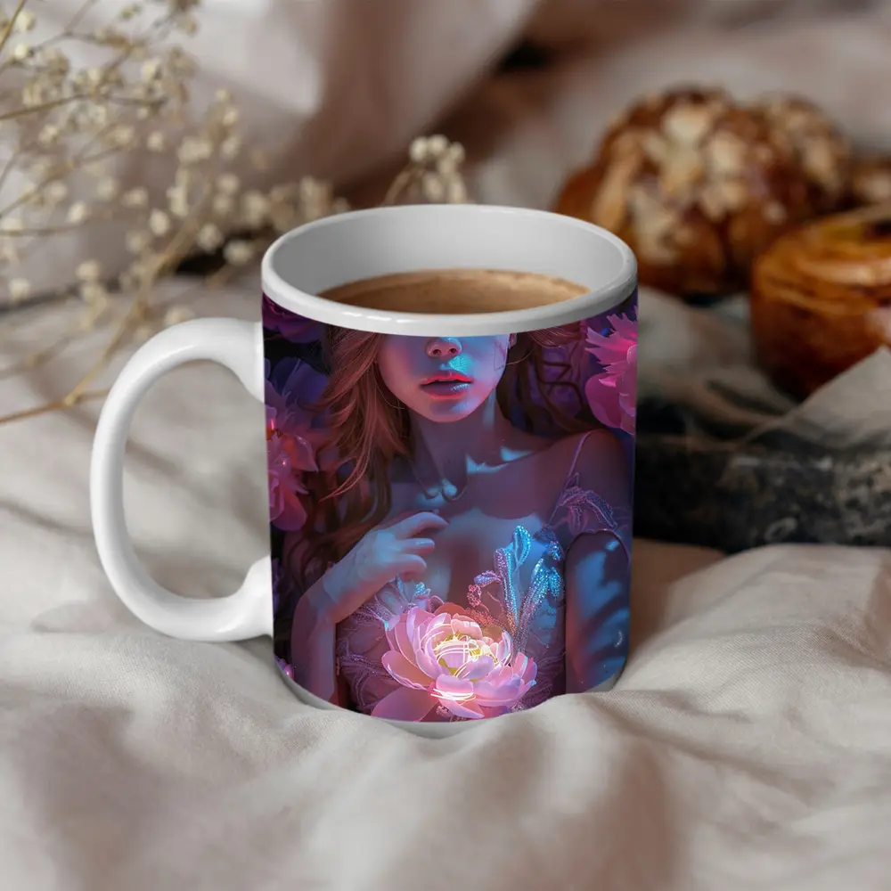 Woman With Glowing Peonies Neon Floral – Mugs