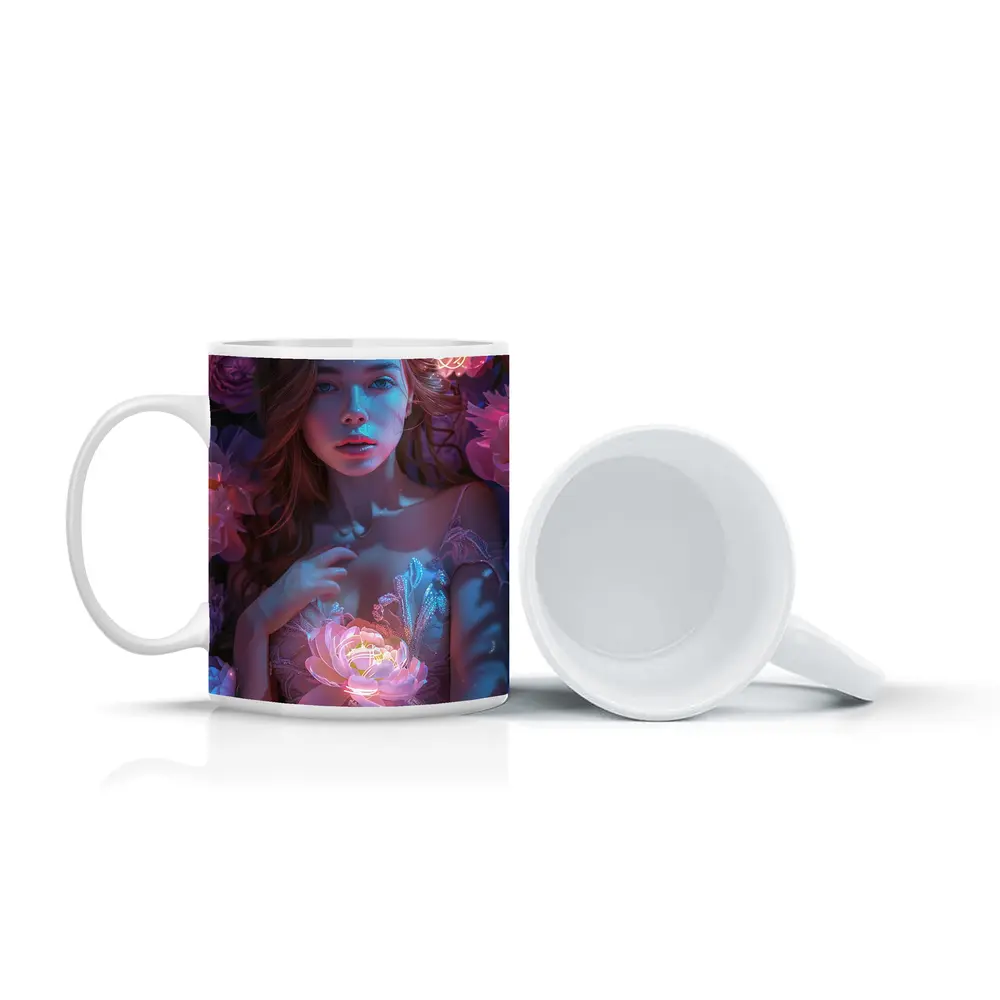 Woman With Glowing Peonies Neon Floral – Mugs