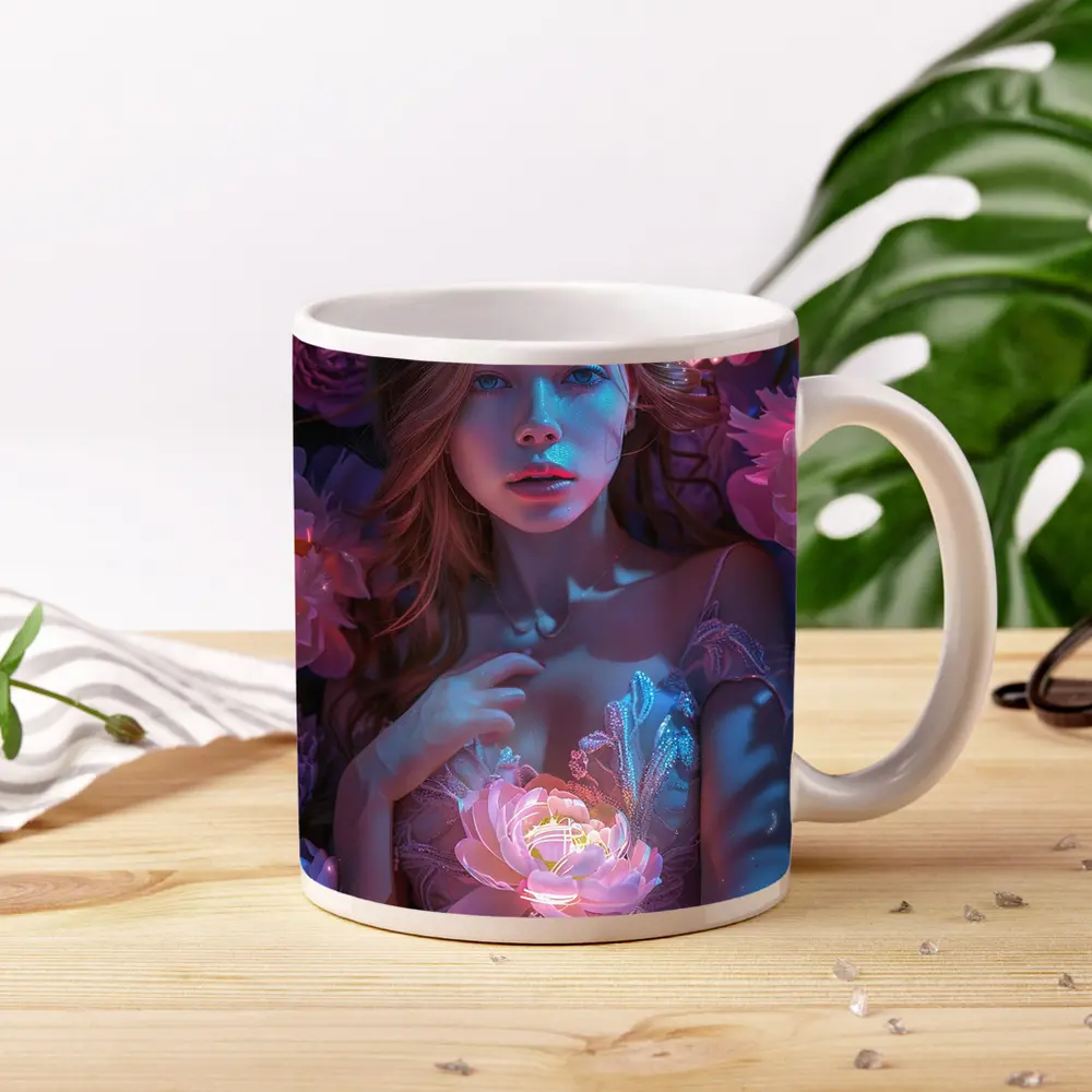 Woman With Glowing Peonies Neon Floral – Mugs