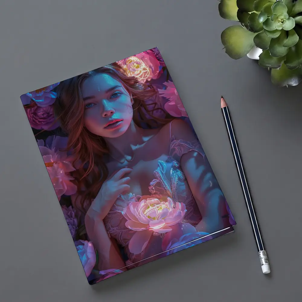 Woman With Glowing Peonies Neon Floral – Notebooks
