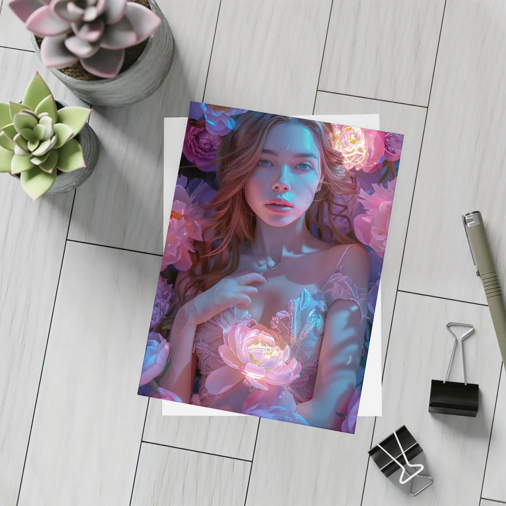 Woman With Glowing Peonies Neon Floral – Postcards