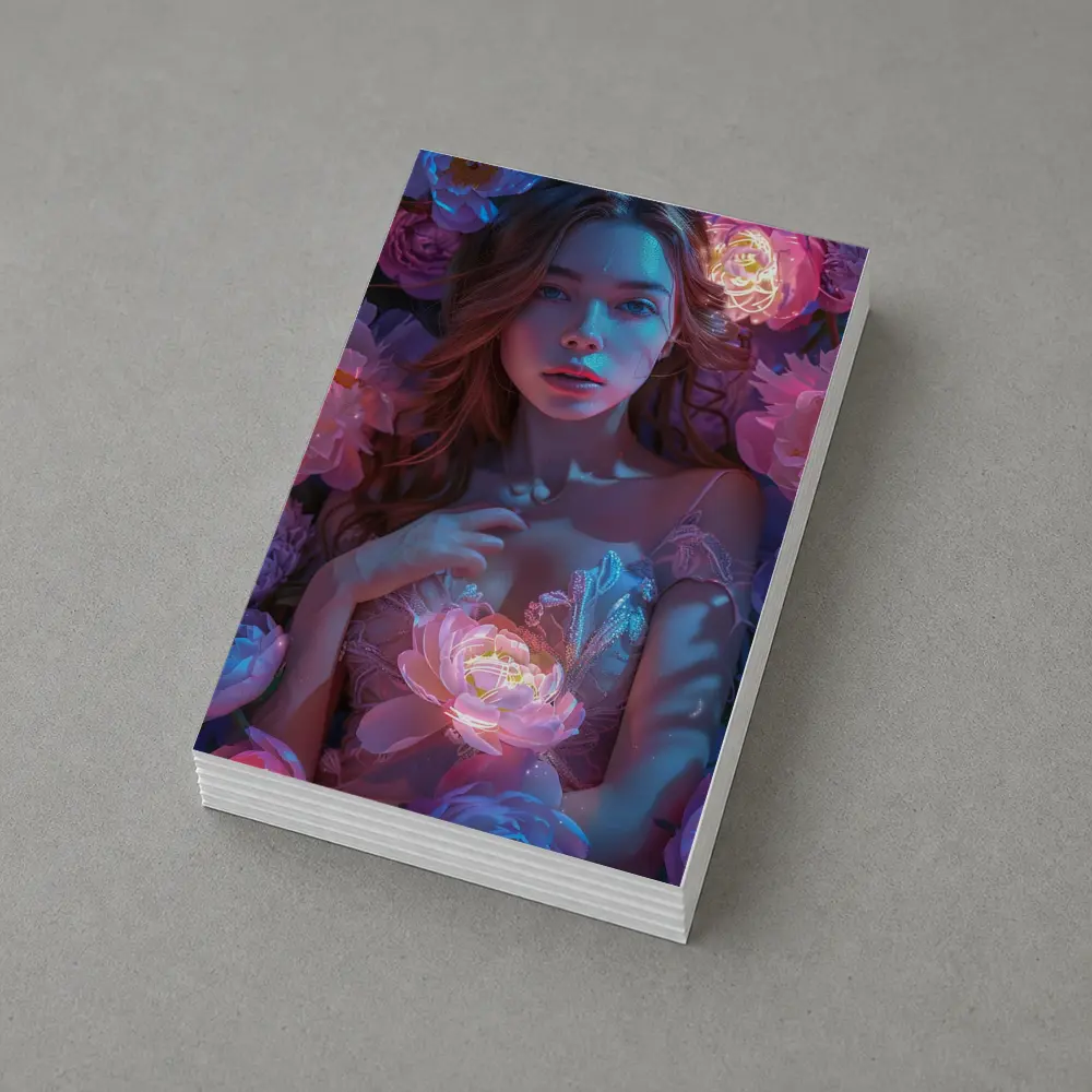 Woman With Glowing Peonies Neon Floral – Postcards