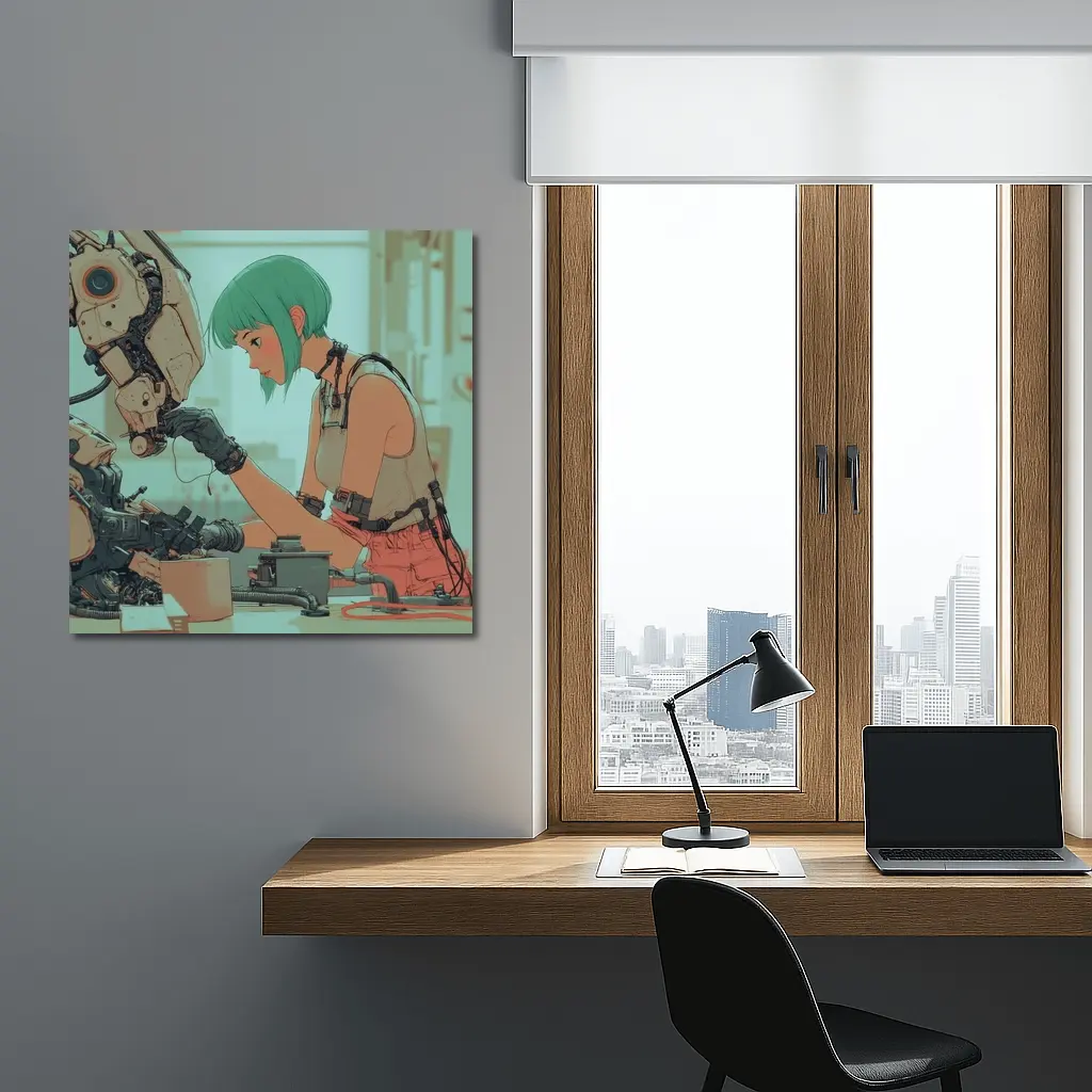 Anime Girl Repairing Robot Cyberpunk Workshop – Wall Art