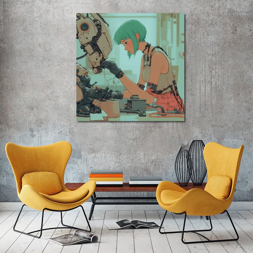 Anime Girl Repairing Robot Cyberpunk Workshop – Wall Art
