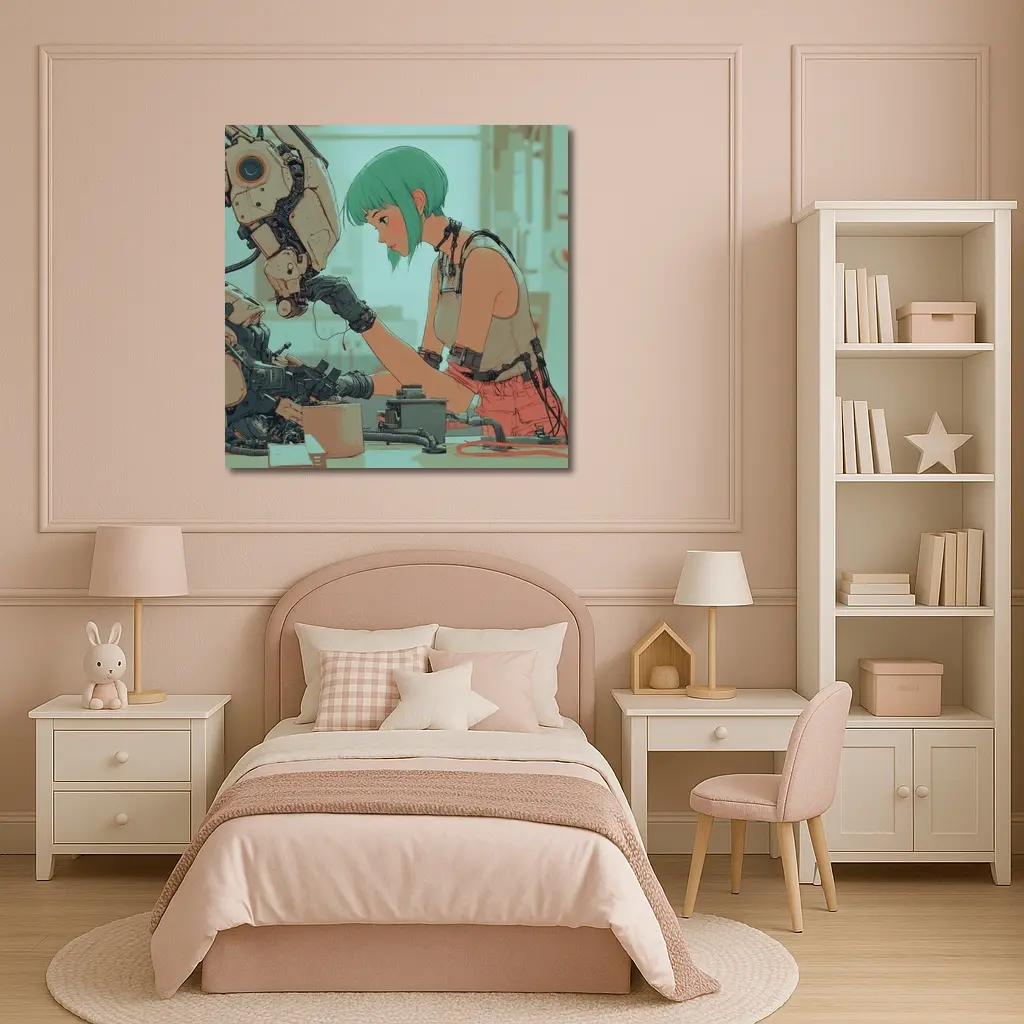 Anime Girl Repairing Robot Cyberpunk Workshop – Wall Art