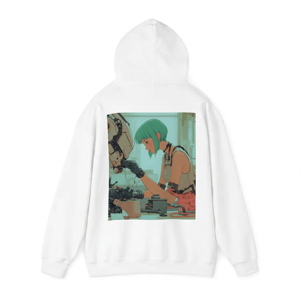 Anime Girl Repairing Robot Cyberpunk Workshop – Hoodies