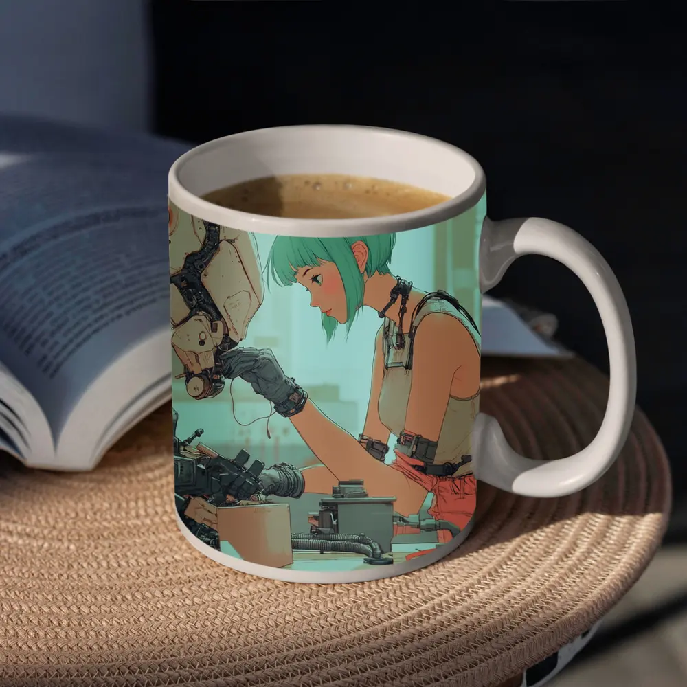 Anime Girl Repairing Robot Cyberpunk Workshop – Mugs