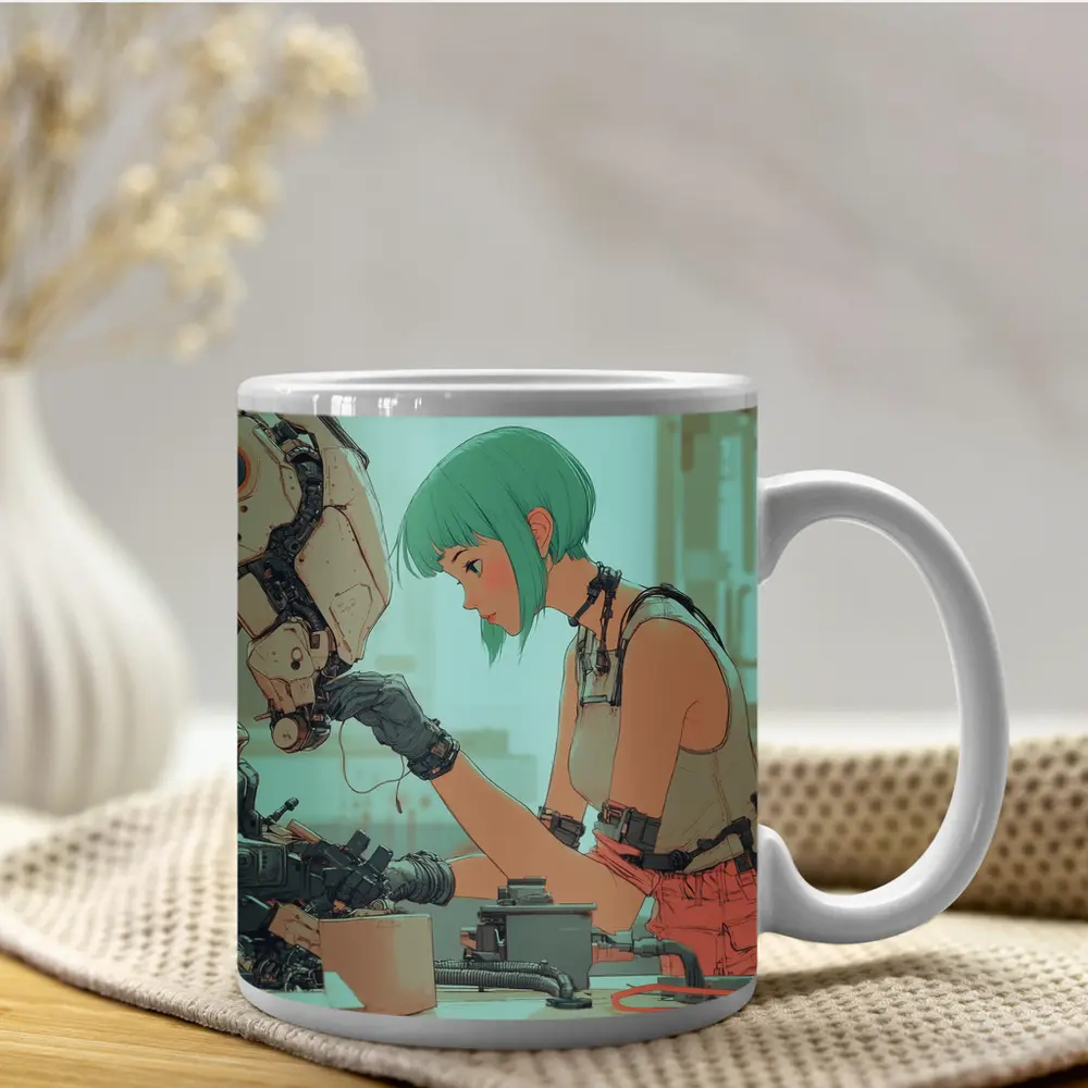 Anime Girl Repairing Robot Cyberpunk Workshop – Mugs