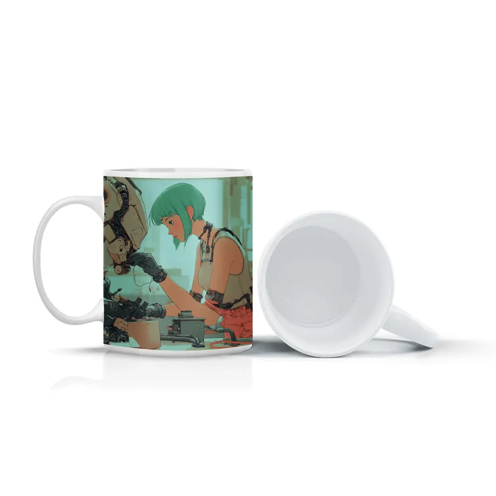 Anime Girl Repairing Robot Cyberpunk Workshop – Mugs
