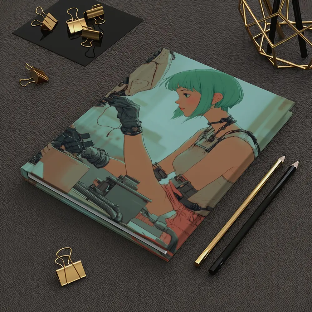 Anime Girl Repairing Robot Cyberpunk Workshop – Notebooks