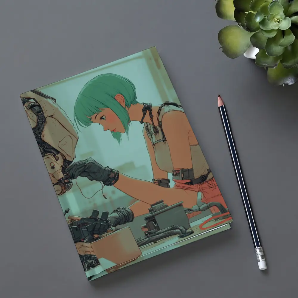Anime Girl Repairing Robot Cyberpunk Workshop – Notebooks