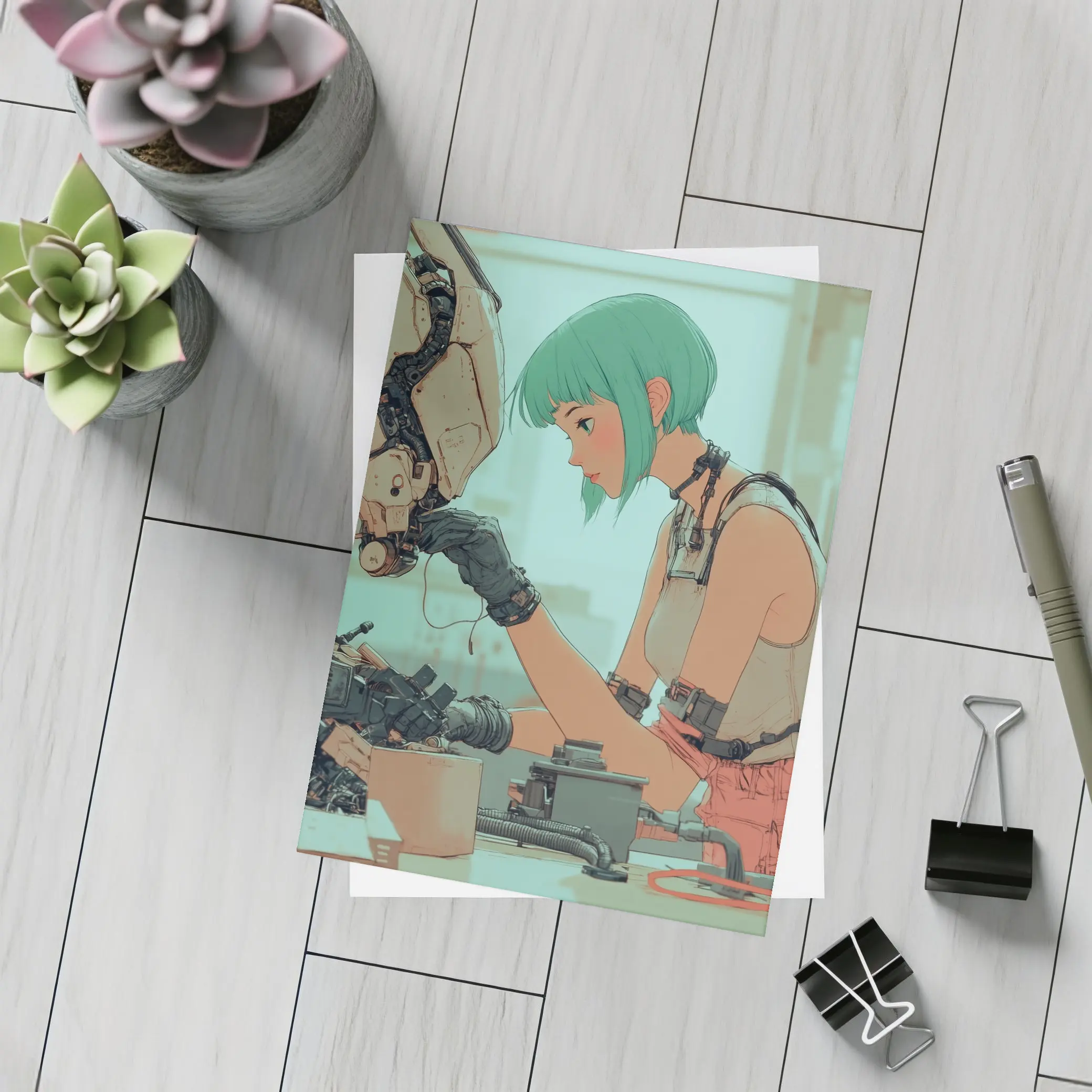 Anime Girl Repairing Robot Cyberpunk Workshop – Postcards