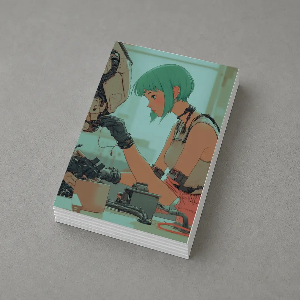 Anime Girl Repairing Robot Cyberpunk Workshop – Postcards