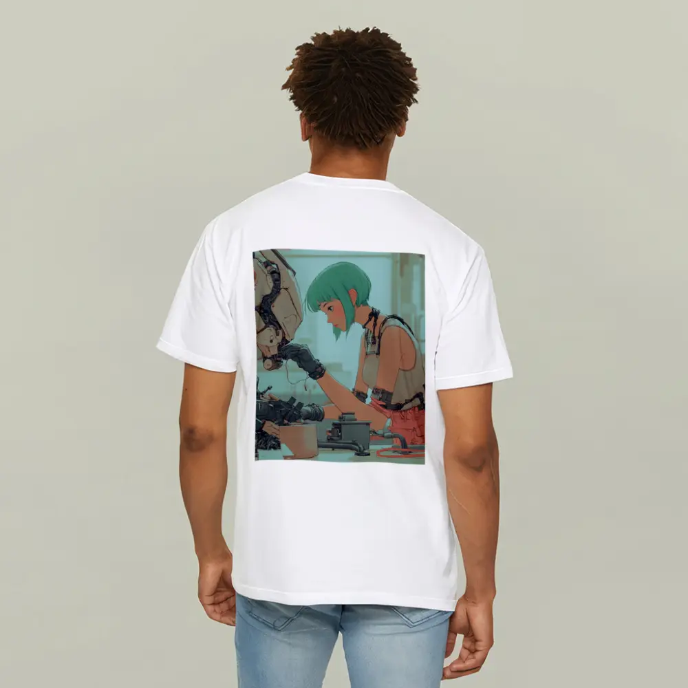 Anime Girl Repairing Robot Cyberpunk Workshop – T-Shirts