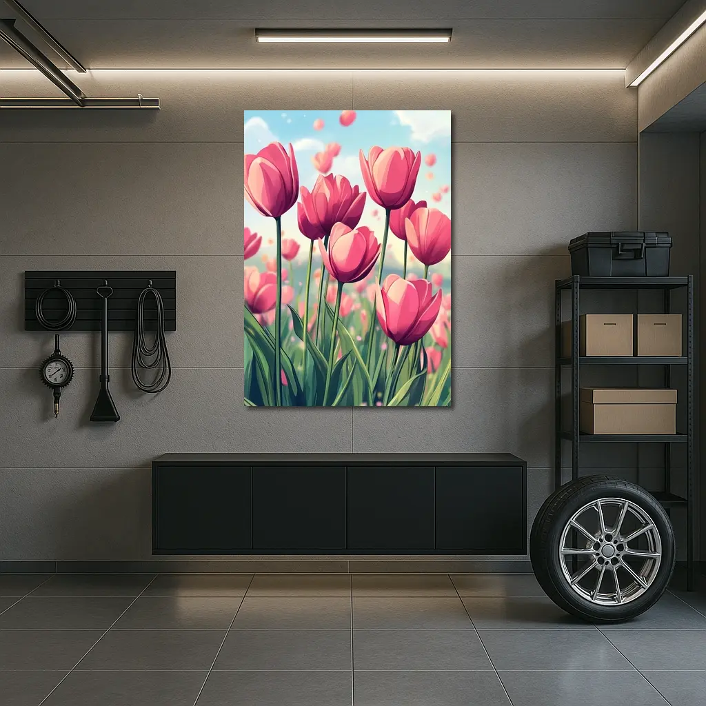 Pink Tulips Field Cartoon Spring Sky – Wall Art