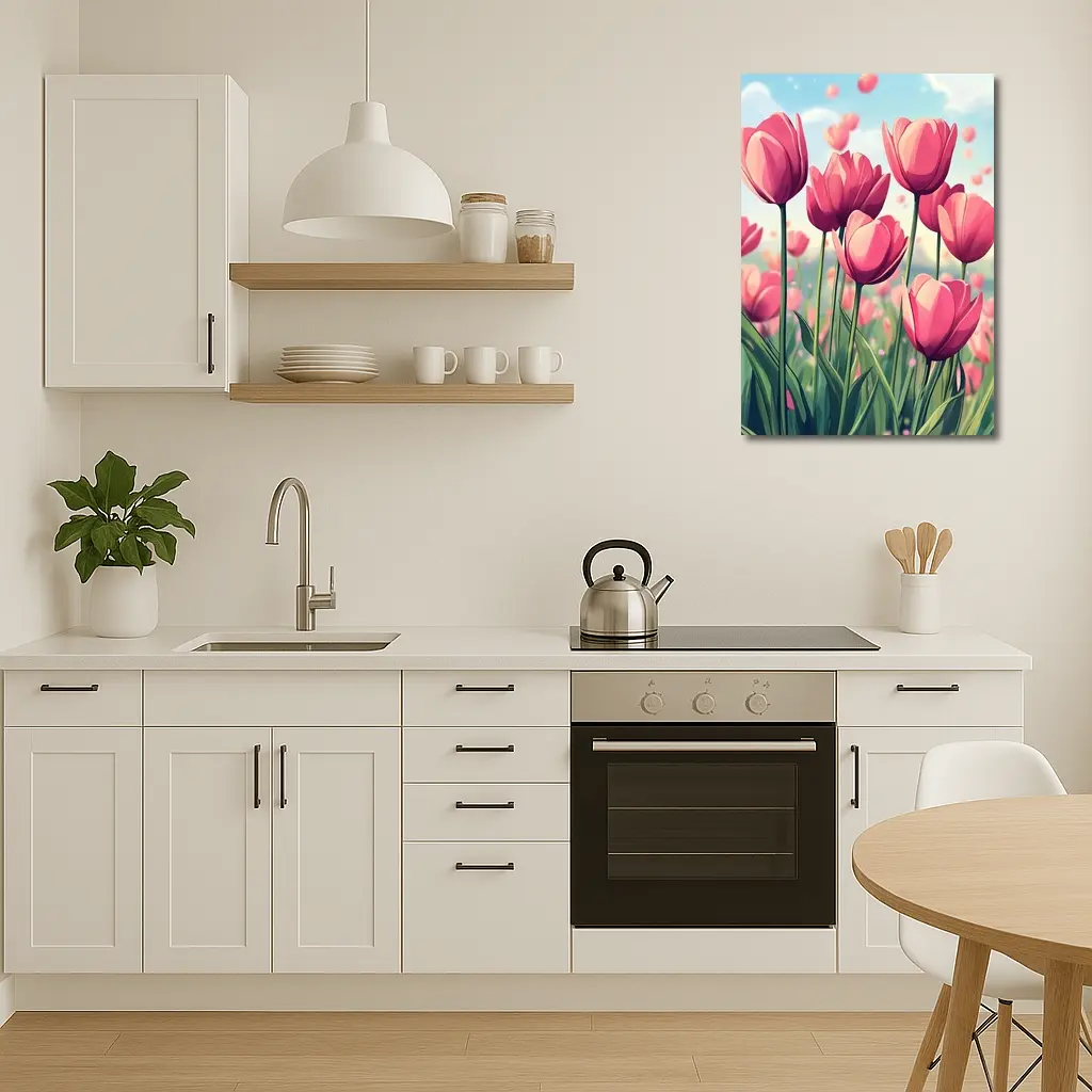 Pink Tulips Field Cartoon Spring Sky – Wall Art