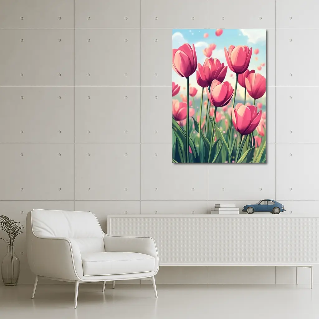 Pink Tulips Field Cartoon Spring Sky – Wall Art