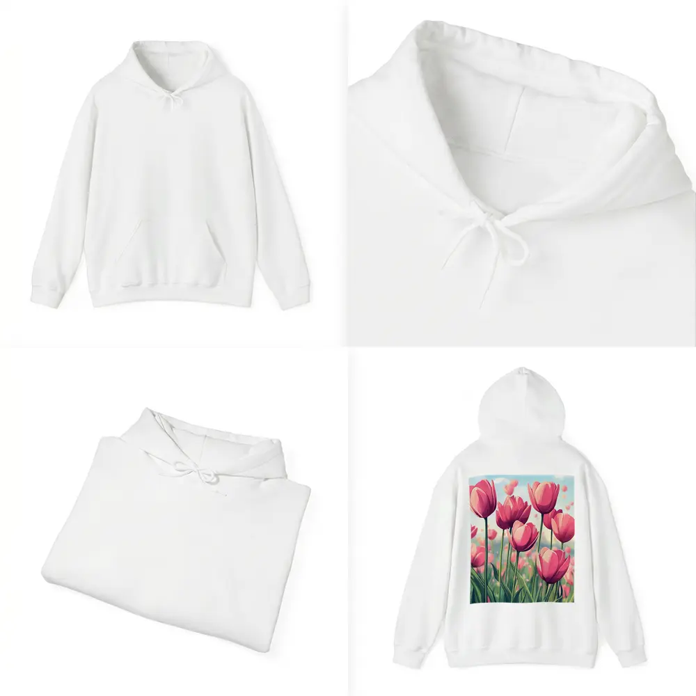 Pink Tulips Field Cartoon Spring Sky – Hoodies