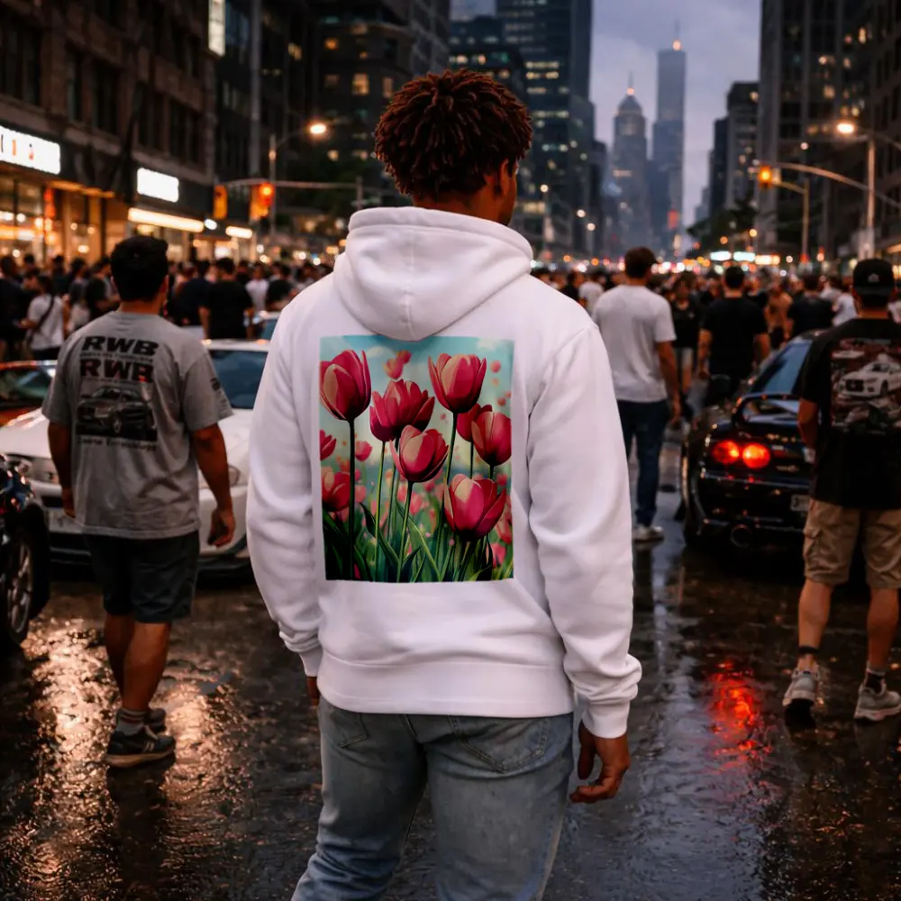 Pink Tulips Field Cartoon Spring Sky – Hoodies