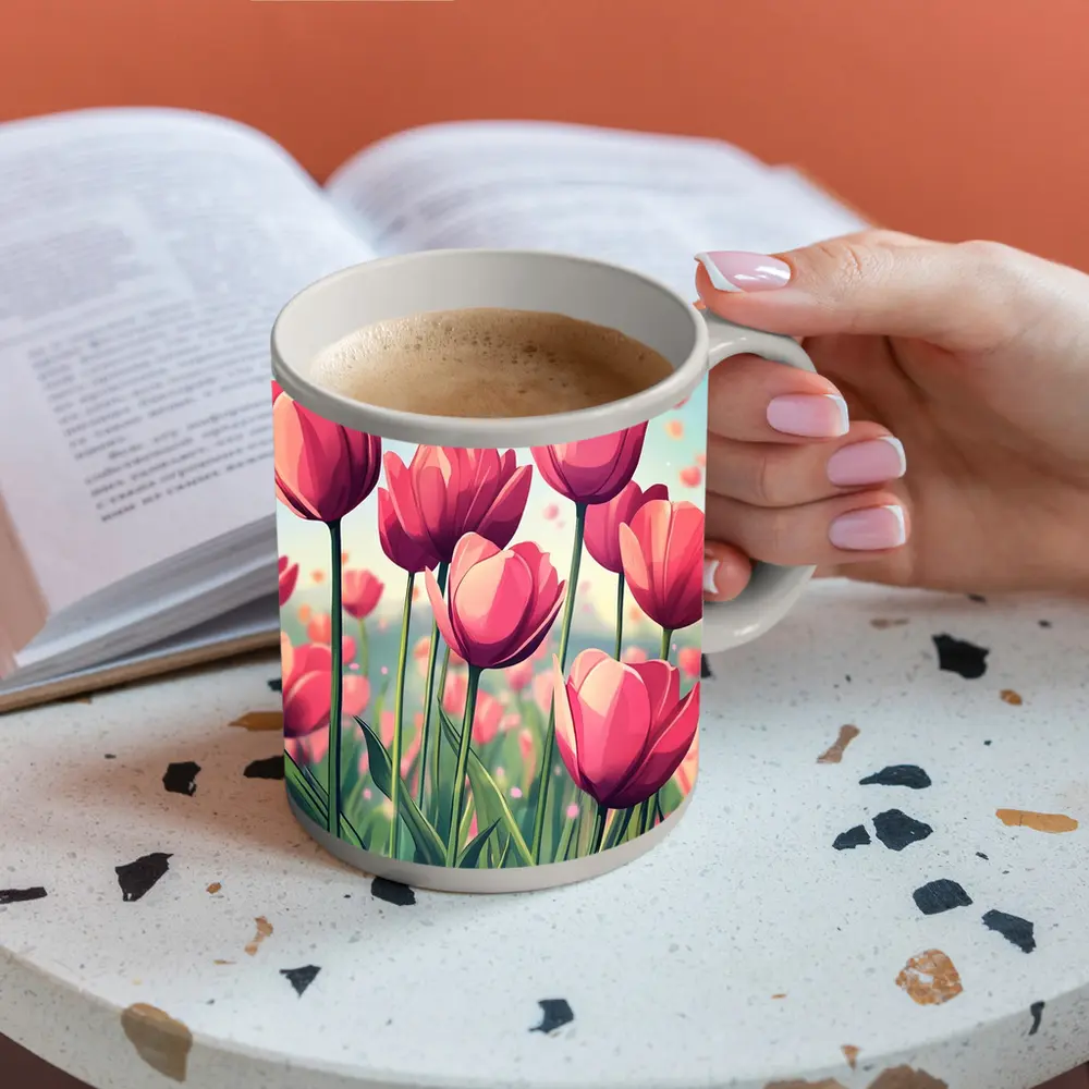 Pink Tulips Field Cartoon Spring Sky – Mugs