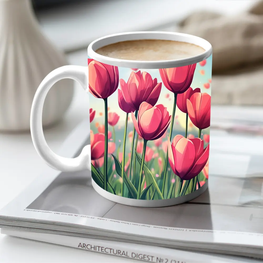 Pink Tulips Field Cartoon Spring Sky – Mugs