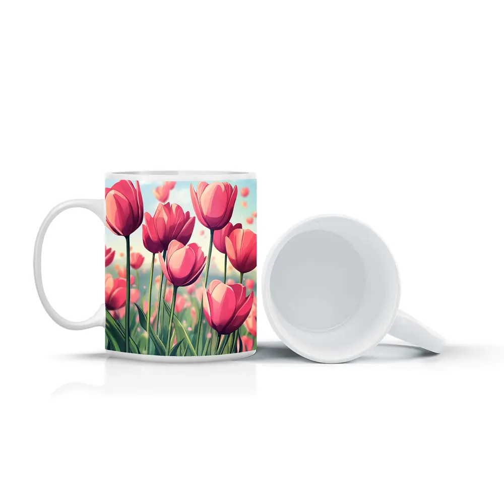 Pink Tulips Field Cartoon Spring Sky – Mugs