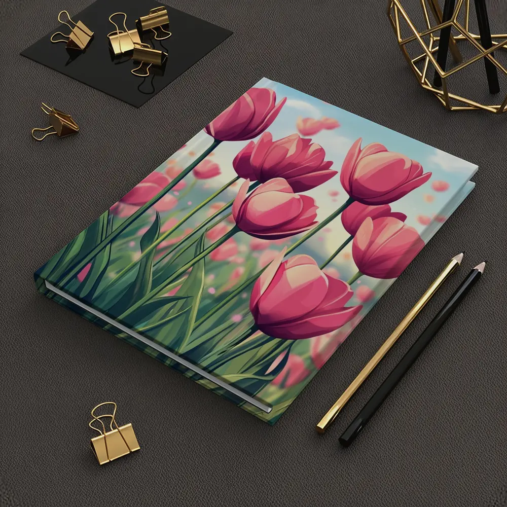 Pink Tulips Field Cartoon Spring Sky – Notebooks