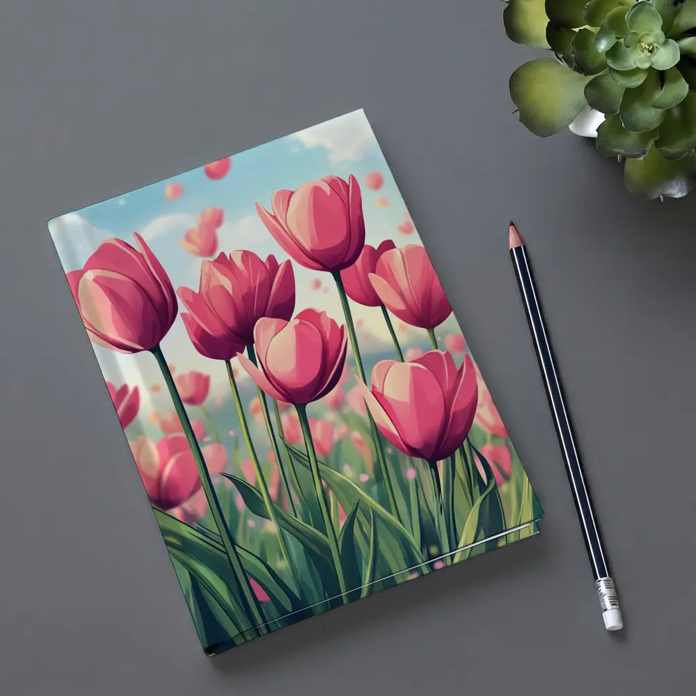 Pink Tulips Field Cartoon Spring Sky – Notebooks