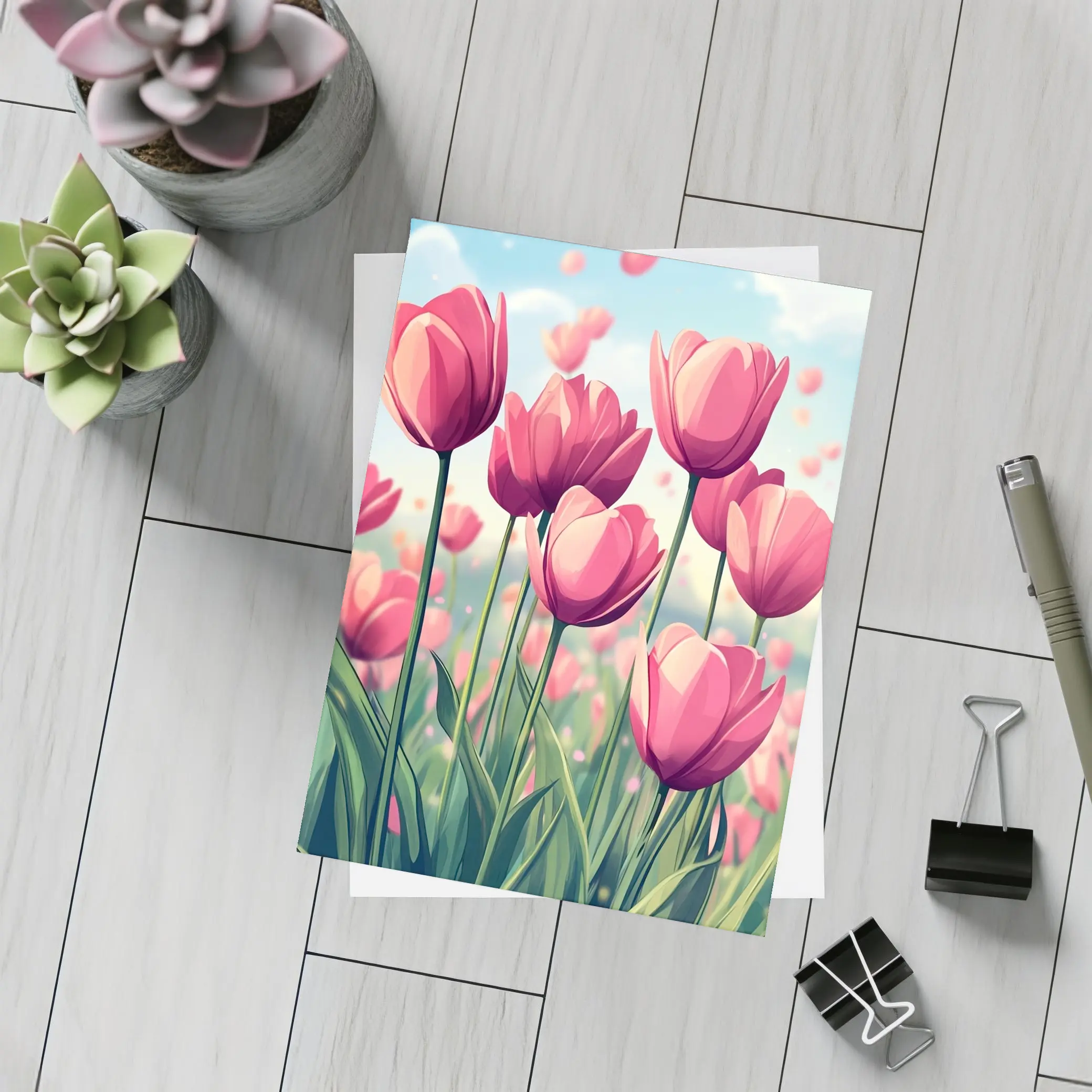 Pink Tulips Field Cartoon Spring Sky – Postcards