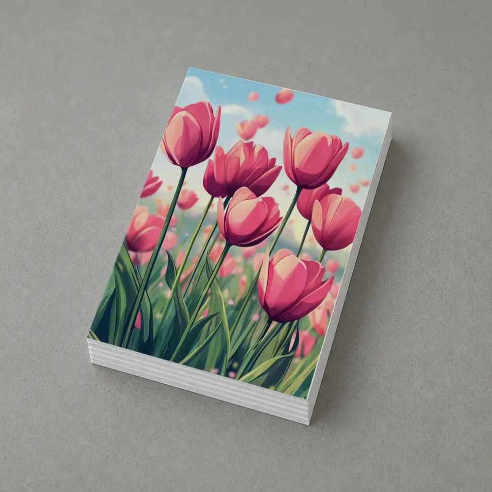 Pink Tulips Field Cartoon Spring Sky – Postcards