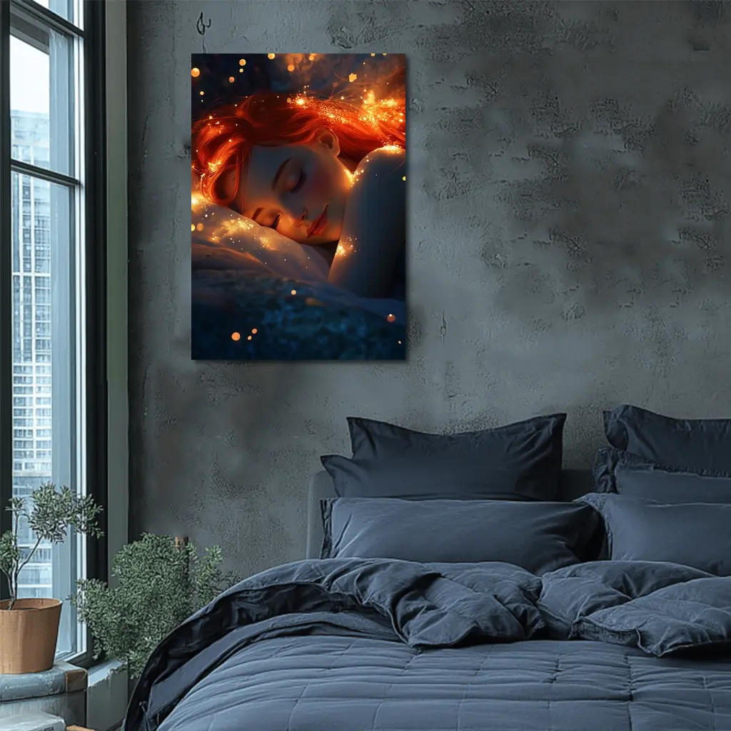 Sleeping Woman Red Hair Glowing Stars Fantasy – Wall Art